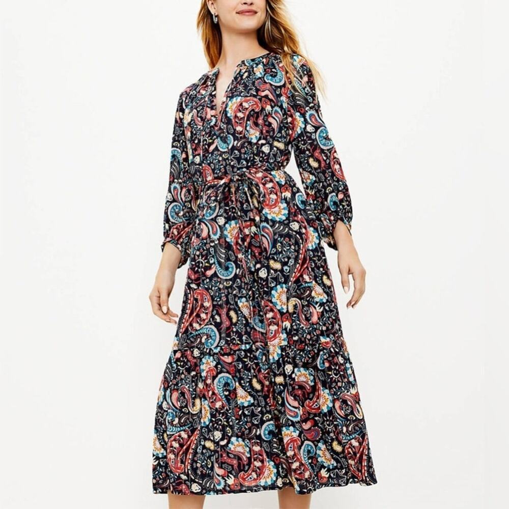 LOFT Multicolor Cotton Paisley Floral Whimsical Midi Dress Size XS
